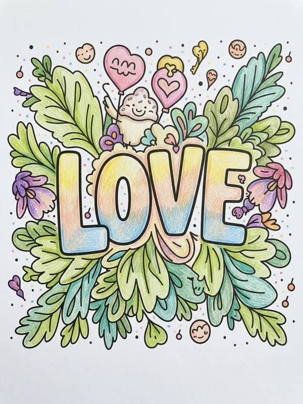 Love coloring page colored in with pencils