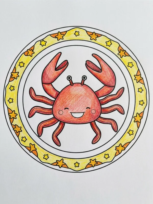 Mandala coloring page colored in with pencils