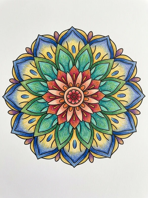 Mandalas coloring page colored in with pencils