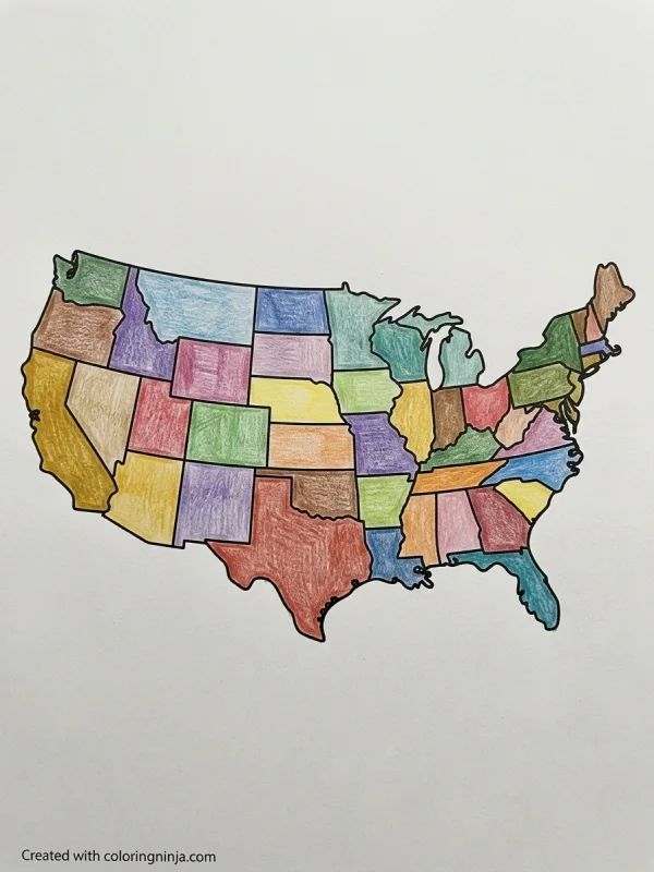 Map coloring page colored in with pencils