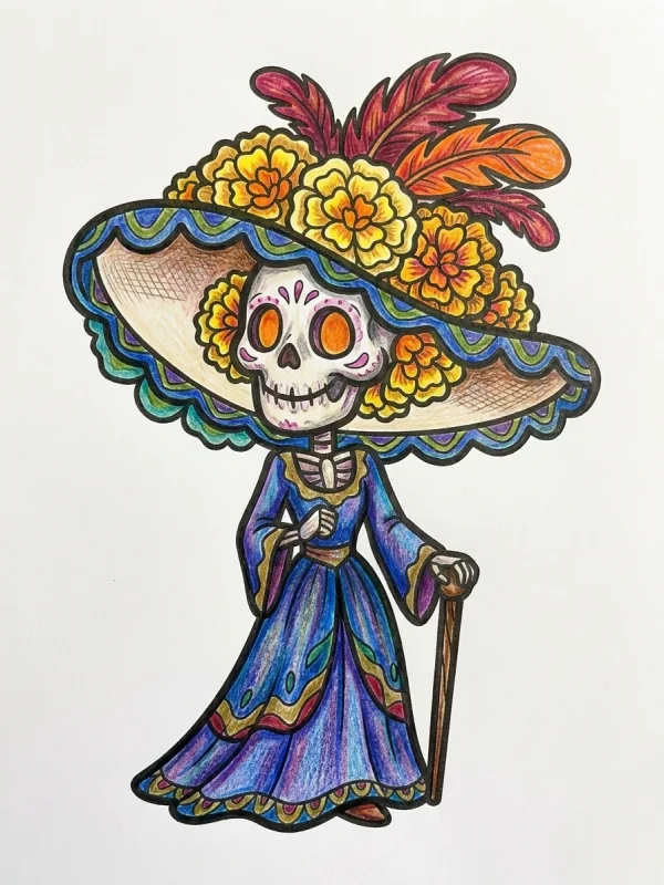 Marigold coloring page colored in with pencils