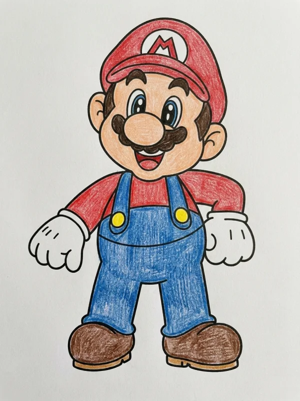 Mario coloring page colored in with pencils