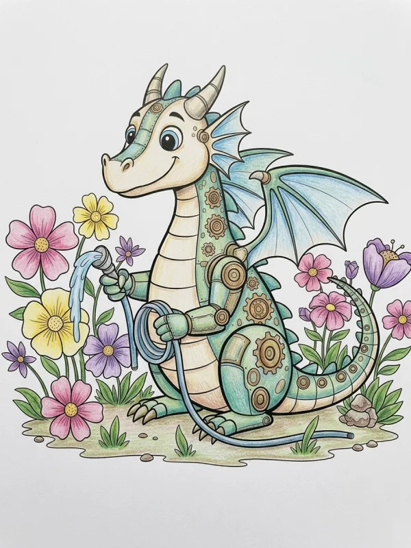 Mechanical Dragon coloring page colored in with pencils