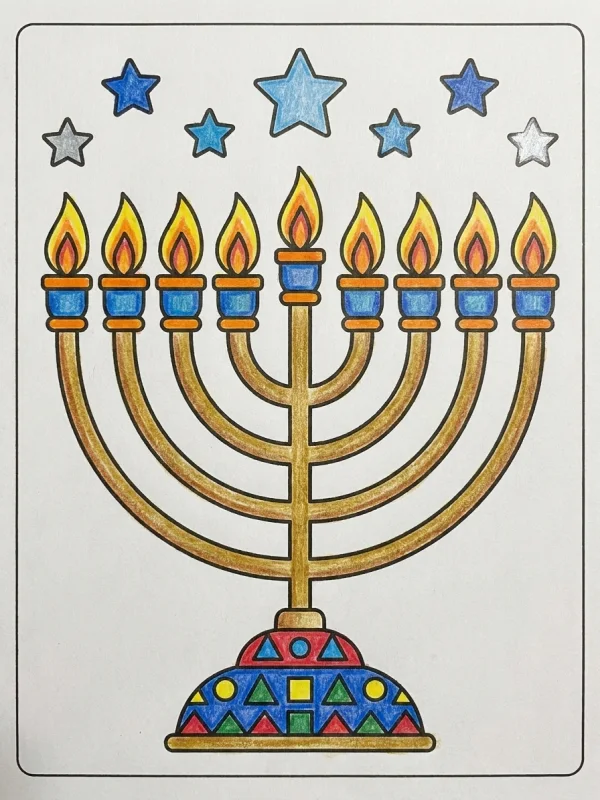 Menorah coloring page colored in with pencils