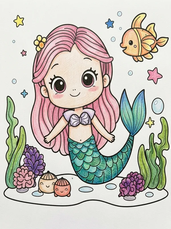 Mermaids coloring page colored in with pencils