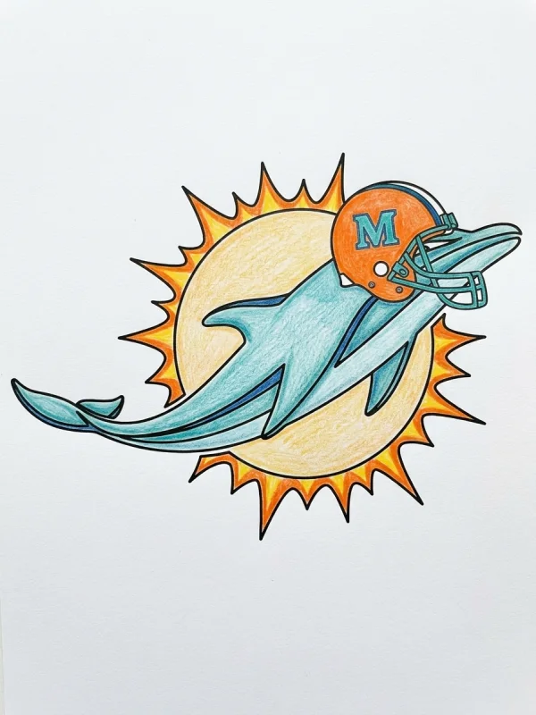 Miami Dolphins coloring page colored in with pencils