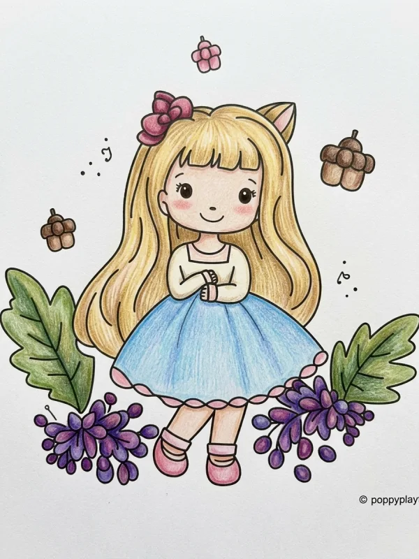 Miss Delight coloring page colored in with pencils