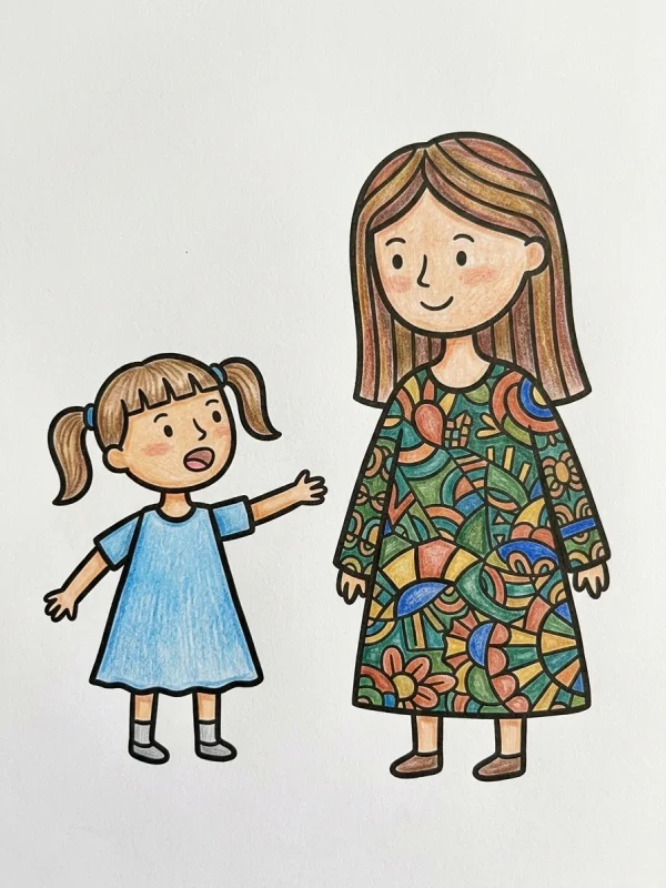 Mother's Day coloring page colored in with pencils
