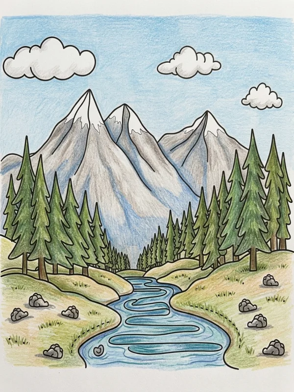 Mountains coloring page colored in with pencils