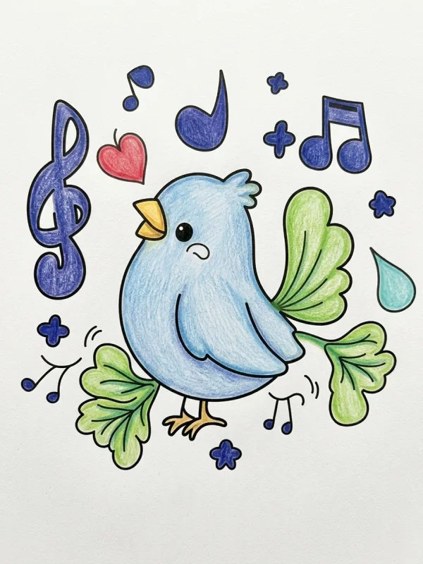 Music coloring page colored in with pencils