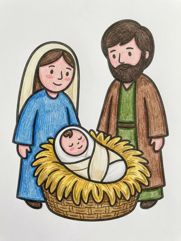 Nativity coloring page colored in with pencils