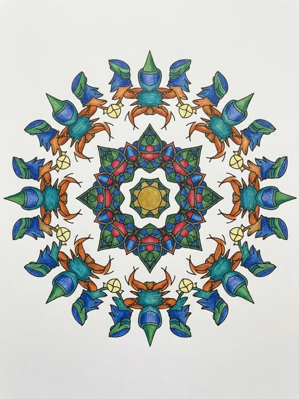 Nature coloring page colored in with pencils