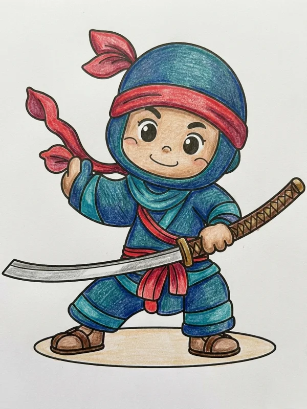 Ninja coloring page colored in with pencils
