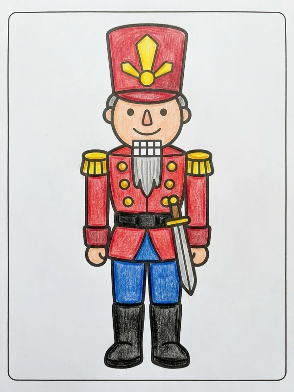 Nutcracker coloring page colored in with pencils