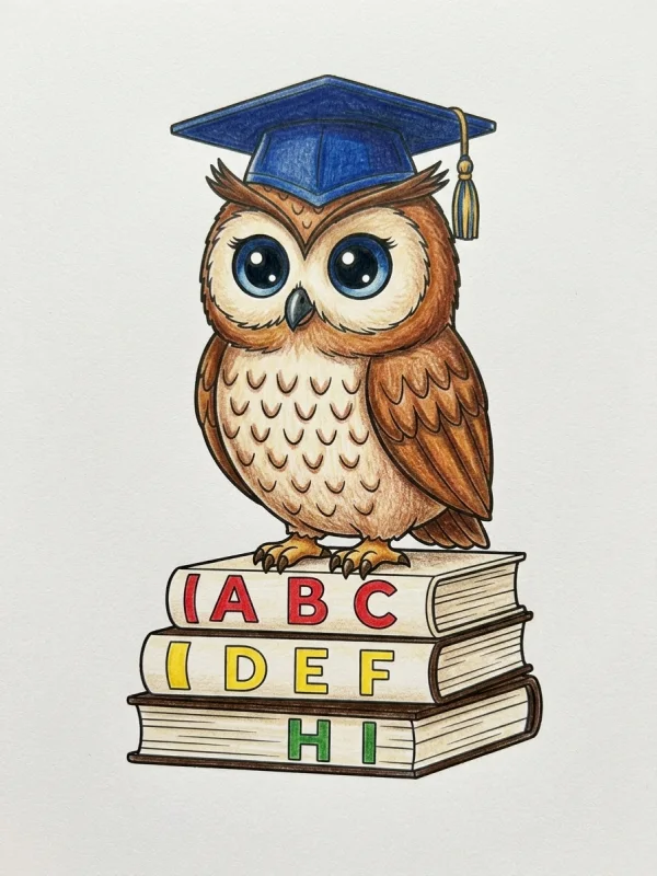 Owl coloring page colored in with pencils