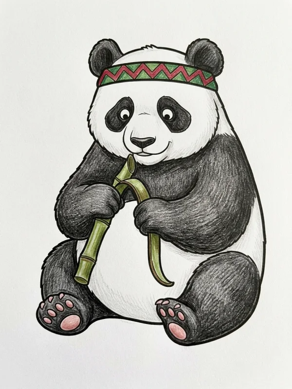 Panda coloring page colored in with pencils