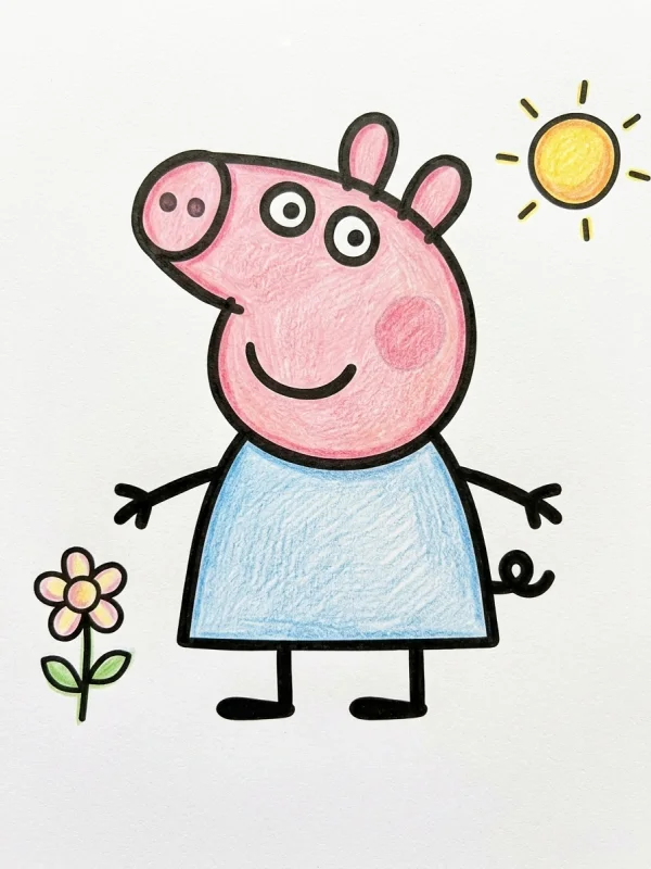 Peppa Pig coloring page colored in with pencils