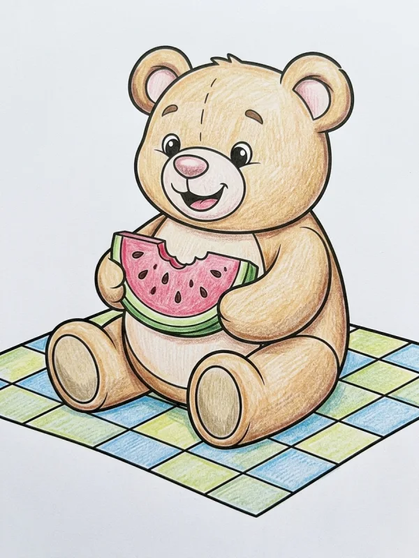 Picnic coloring page colored in with pencils