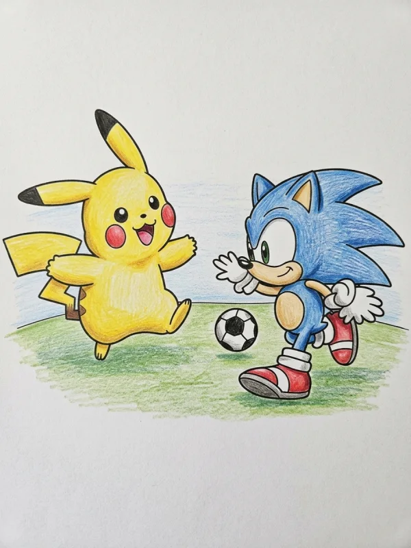 Pikachu coloring page colored in with pencils