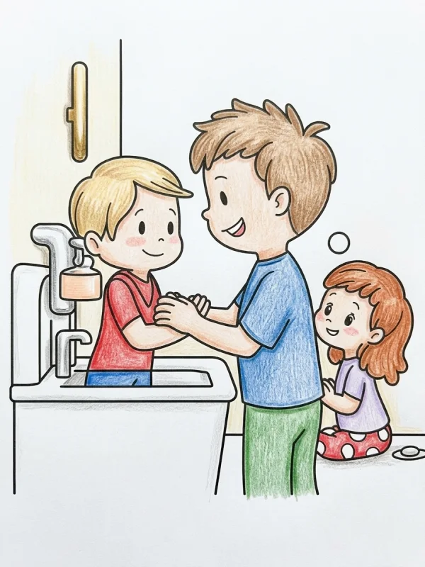 Preschool coloring page colored in with pencils