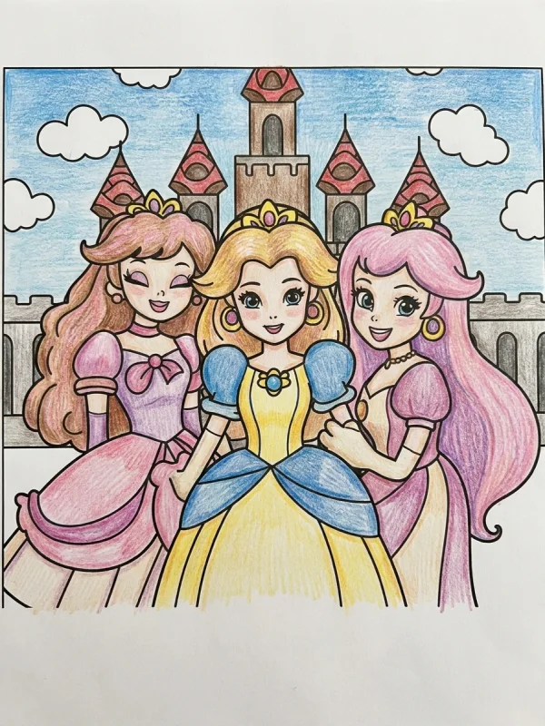Princesses coloring page colored in with pencils