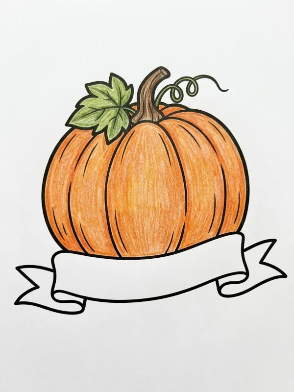 Pumpkin coloring page colored in with pencils