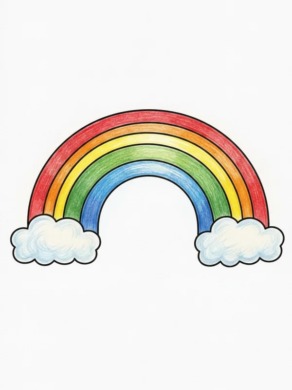 Rainbow coloring page colored in with pencils