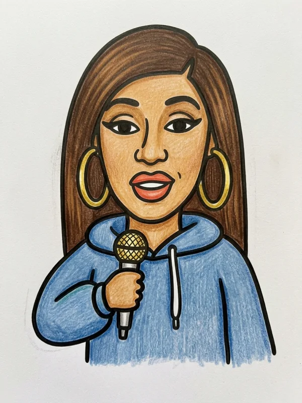 Rapper coloring page colored in with pencils