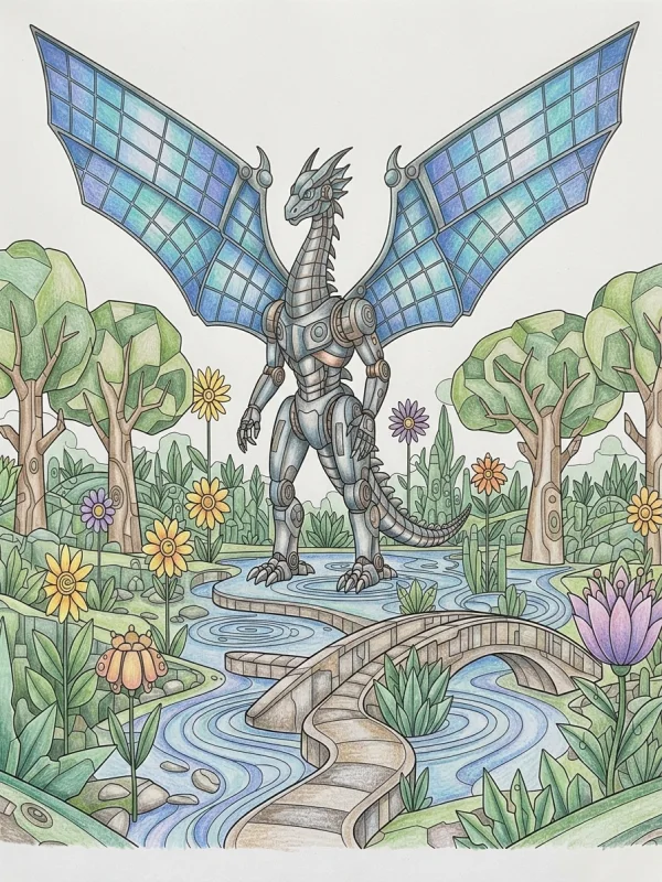Robot coloring page colored in with pencils