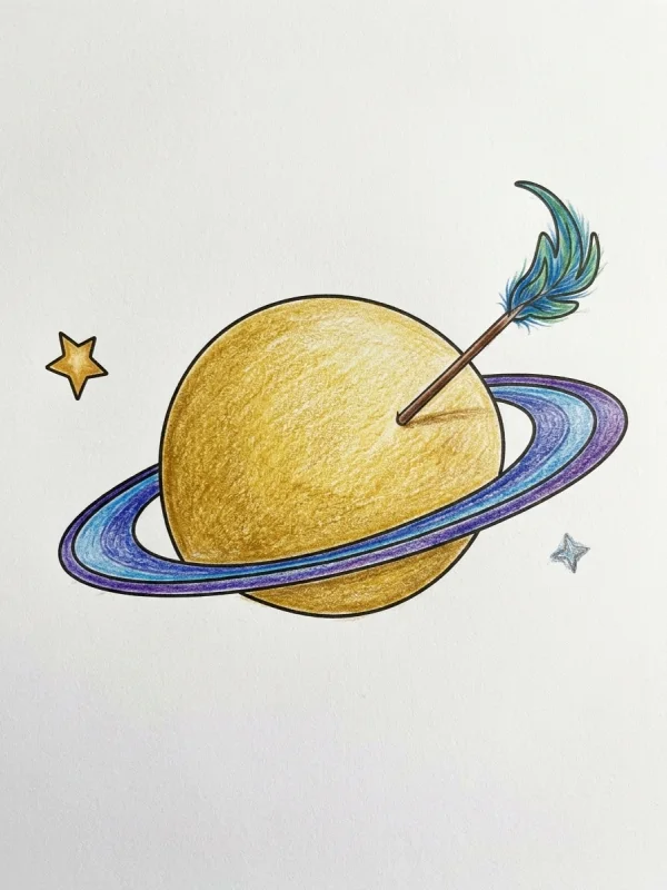 Saturn coloring page colored in with pencils