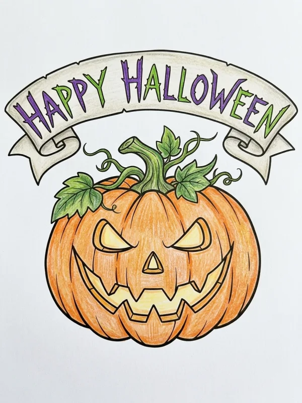 Scary coloring page colored in with pencils