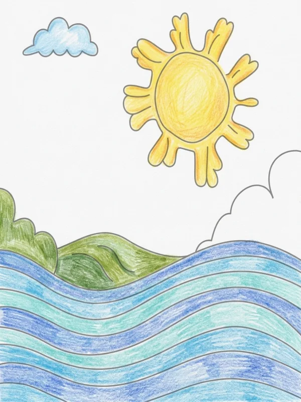 Sky coloring page colored in with pencils