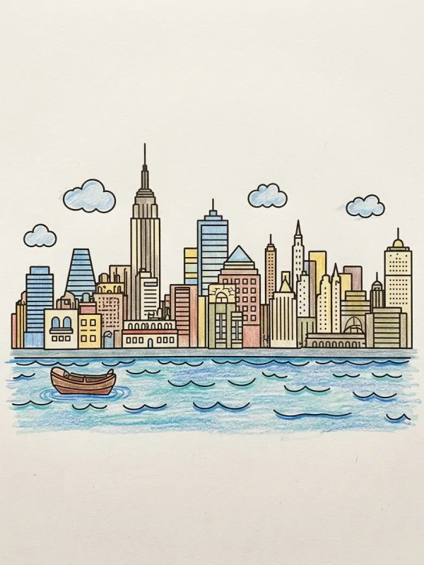 Dibujos de Horizontes Urbanos para Colorear, pintado con lápices de colores