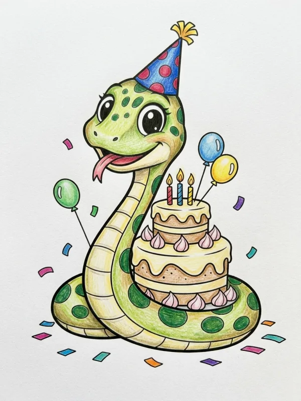 Snake coloring page colored in with pencils