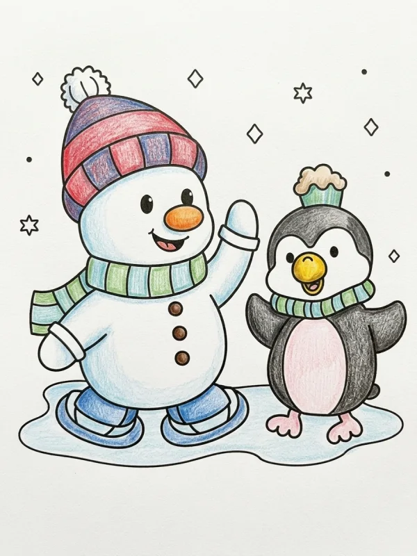 Snowman coloring page colored in with pencils