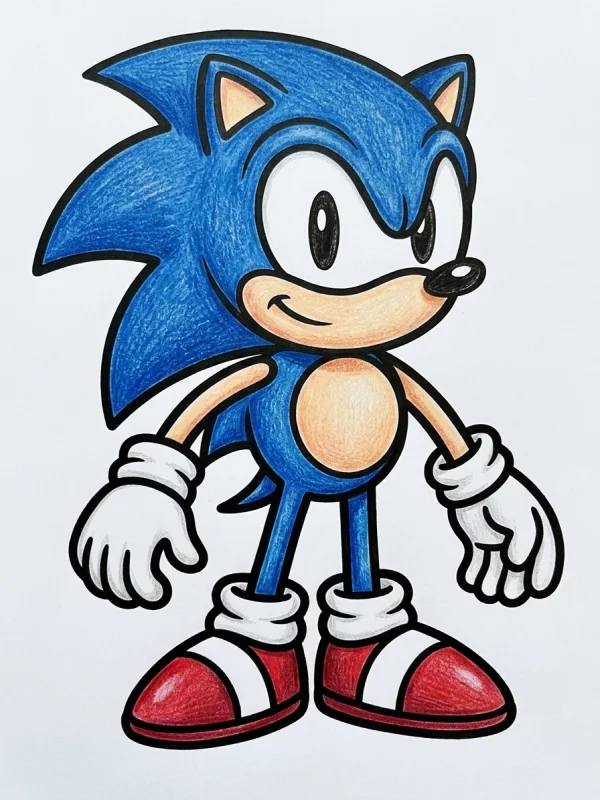 Sonic coloring page colored in with pencils