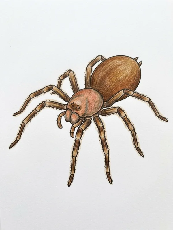 Spider coloring page colored in with pencils
