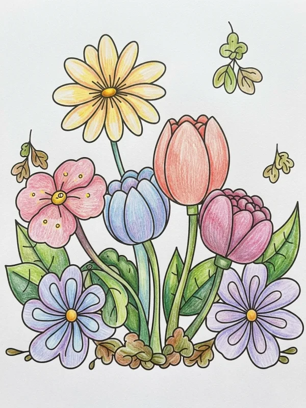 Spring coloring page colored in with pencils