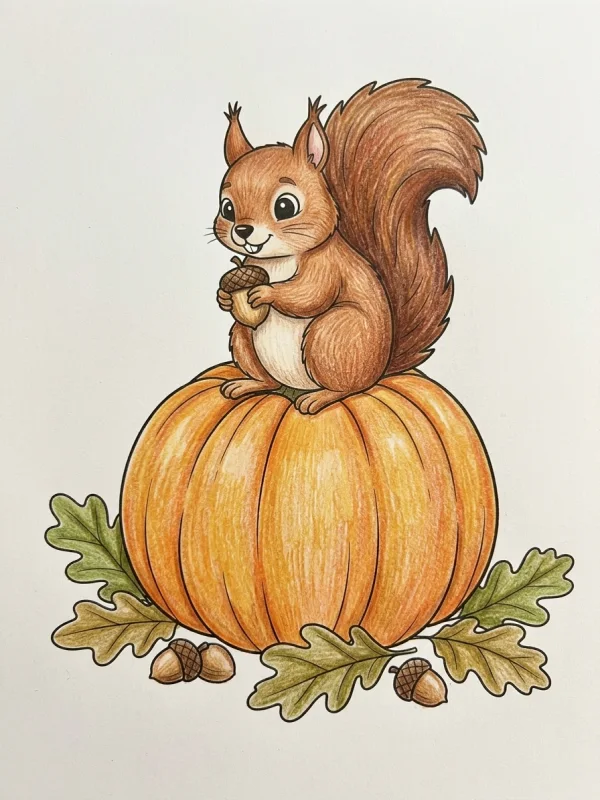 Squirrel coloring page colored in with pencils