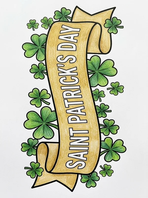 St Patrick's Day coloring page colored in with pencils