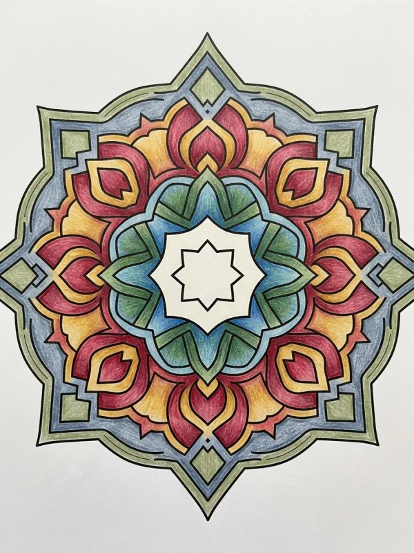 Star coloring page colored in with pencils
