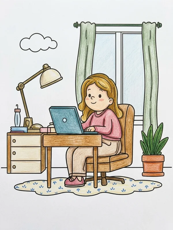 Student coloring page colored in with pencils