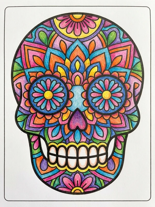 Sugar Skull coloring page colored in with pencils