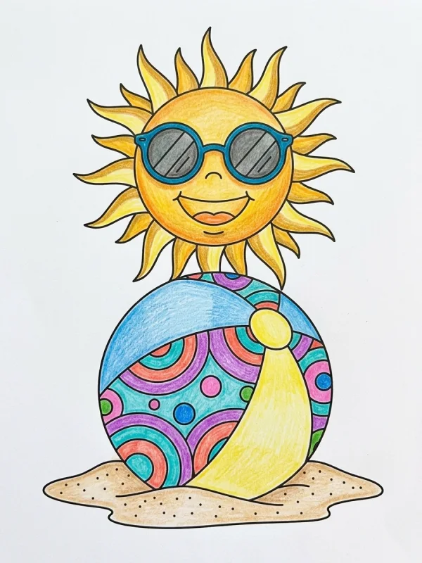 Summer coloring page colored in with pencils