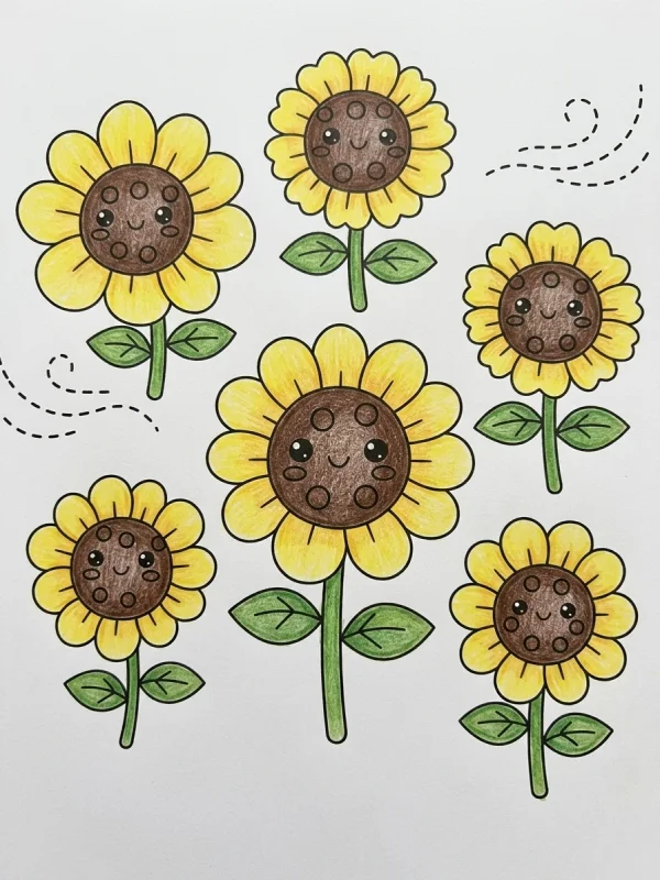 Sunflowers coloring page colored in with pencils