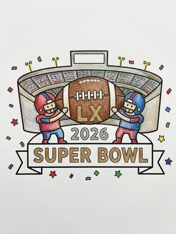 Super Bowl 2026 coloring page colored in with pencils