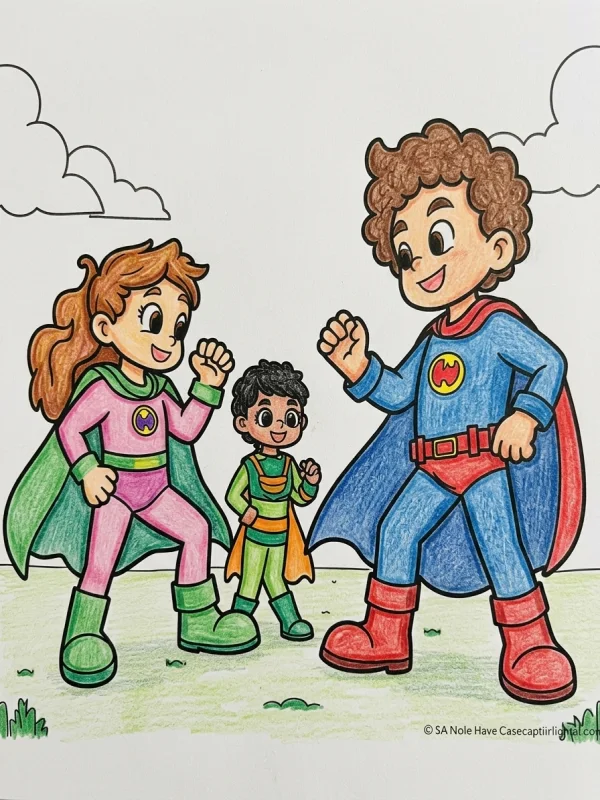 Superhero coloring page colored in with pencils