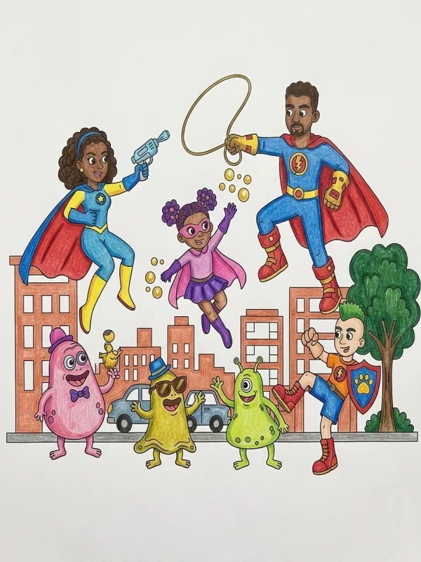 Superheroes coloring page colored in with pencils