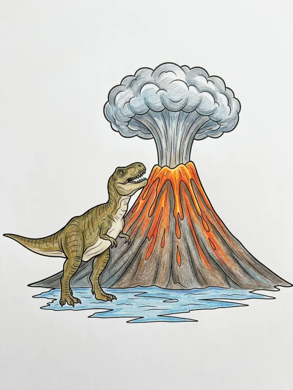 T-rex coloring page colored in with pencils