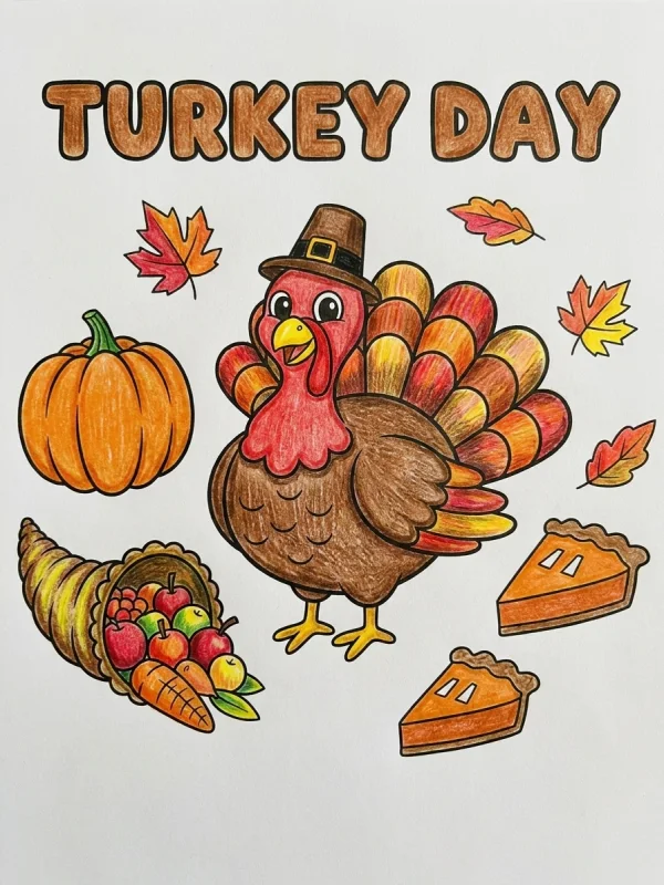 Thanksgiving coloring page colored in with pencils